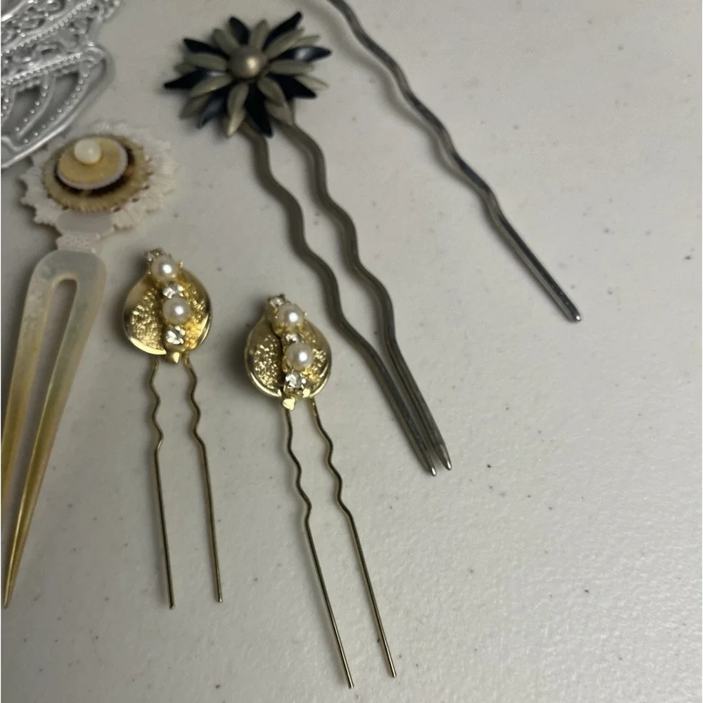 Hair Pin Stick Lot Victorian Style Filigree Ball Flower Mother Of Pearl 6 Pieces